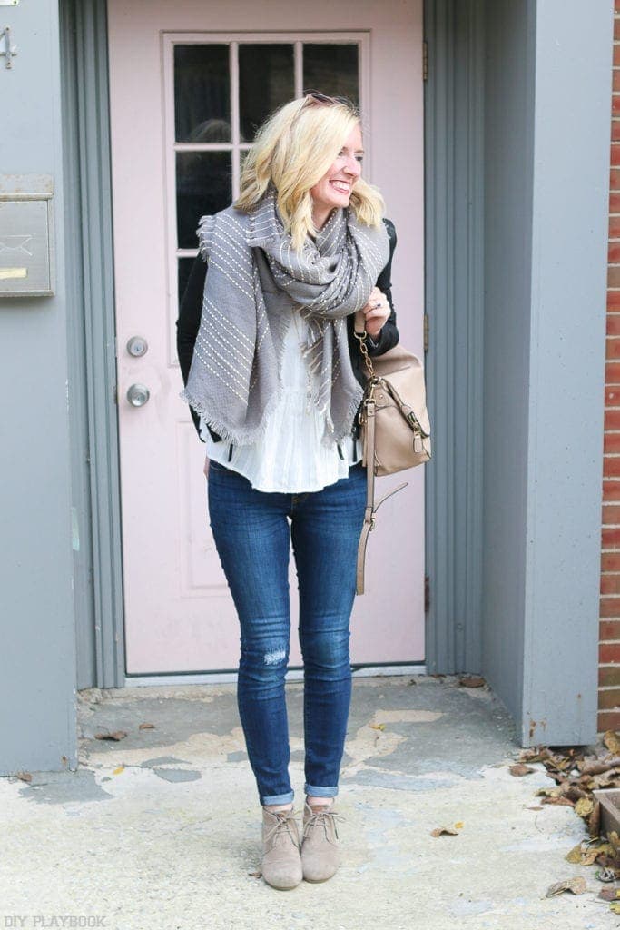 TOMS booties look great with Bridget's oversized scarf and skinny jeans.  | DIY Playbook