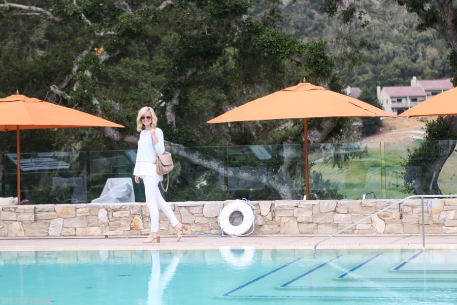 Wearing white by the pool at the Carmel Valley Ranch. 