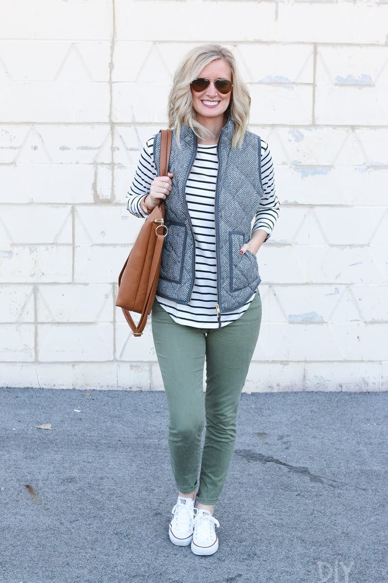 Bridget looks great in this vest and striped shirt - she is way more careful with wardrobe choices now!