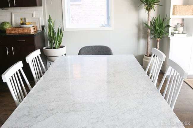 A long view down the marble table from Crate & Barrel. 