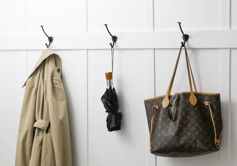 Hooks were found from Schoolhouse Electric and add the perfect touch to the hallway. 