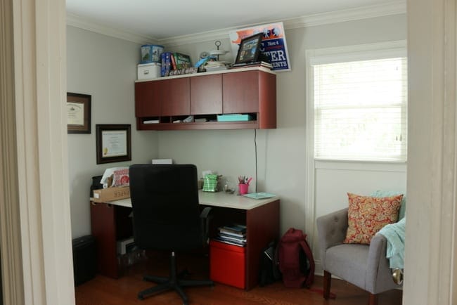 This home office space is neutral and a little boring. 