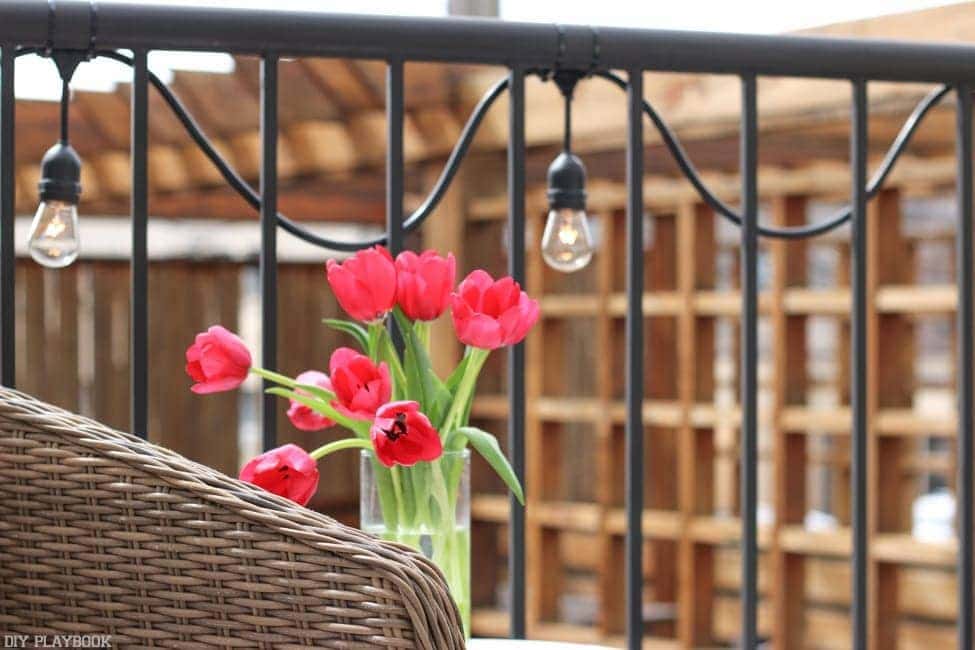 Love this little outdoor lights on our balcony, and the tulips make it feel like spring!