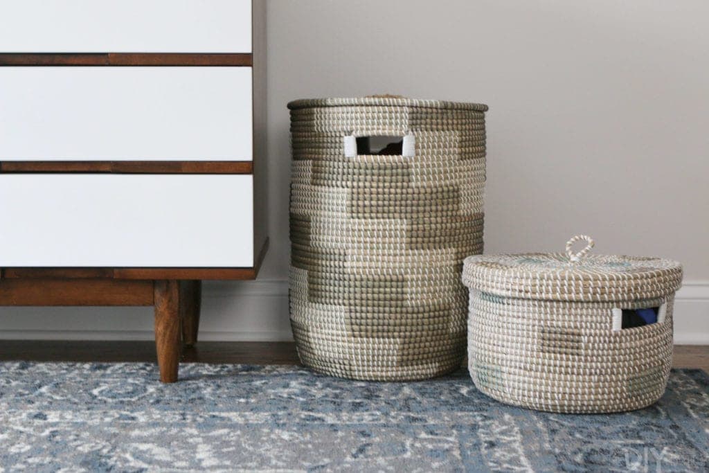 Lidded baskets in a nursery for storage