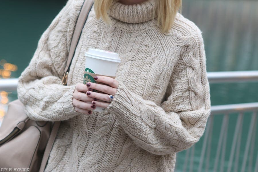 Bridget's new cream, cable knit cozy sweater. 