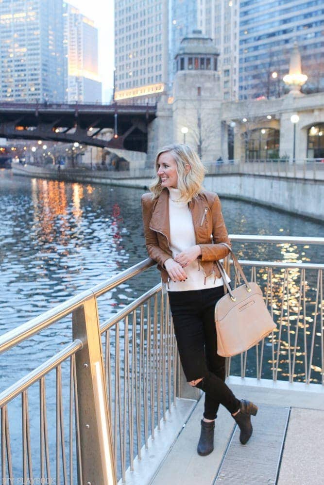 Bridget overlooking the Chicago River at dusk. 