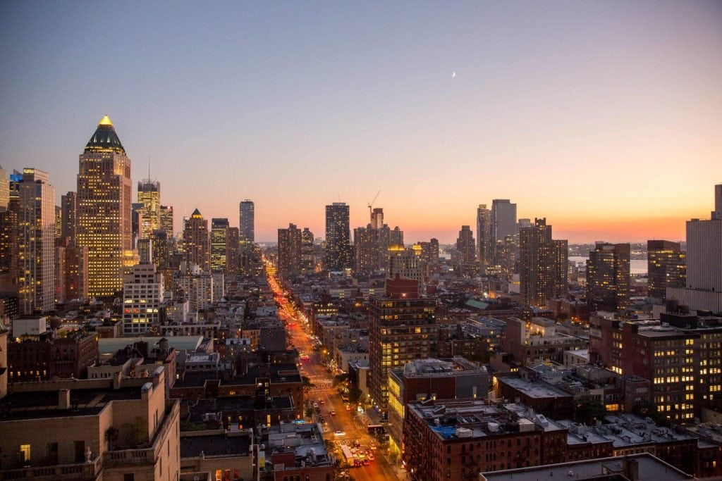 the NYC skyline at sunset