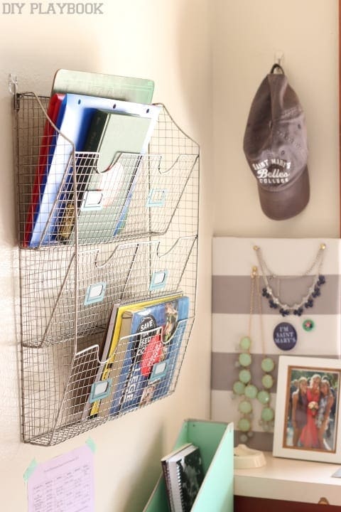 A wall mounted organizer to put books and folders in the dorm room. 