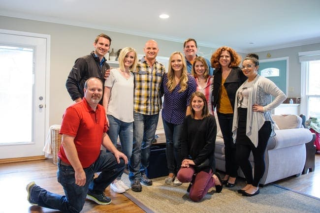 After filming the Liberty Mutual video, Bridget and Casey post with HGTV star Chip Wade and the entire crew. 