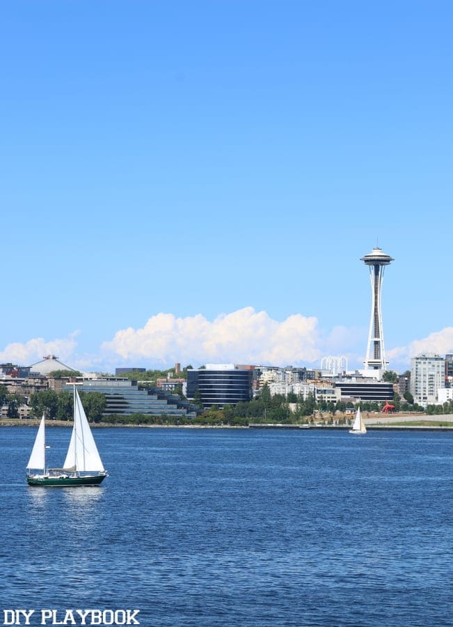 The Seattle waterfront and space needle; our starting destination on our Seattle to San Francisco Road Trip.