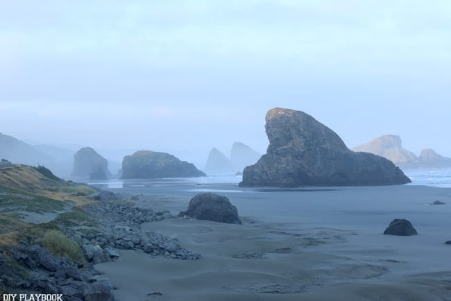 Pacific Coast beaches, draped in fog and white capped waves along Highway 101 - from our Seattle to San Francisco road trip.