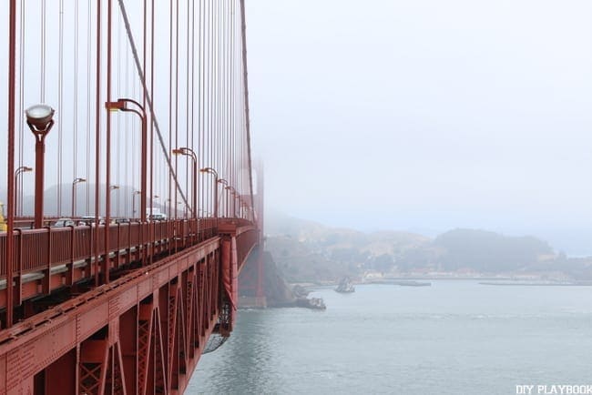 We woke up early to bike across the foggy bridge