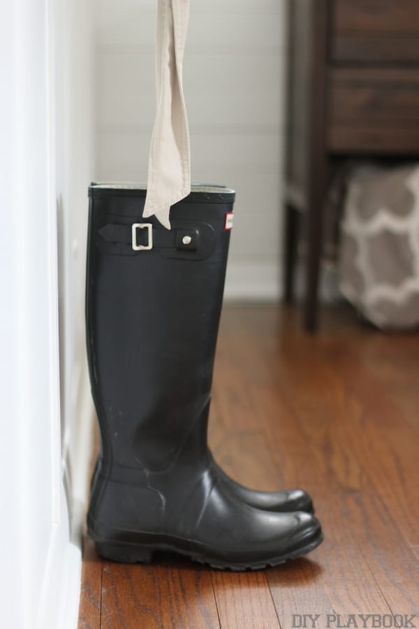 The new board and batten wall is great for organizing shoes against. 