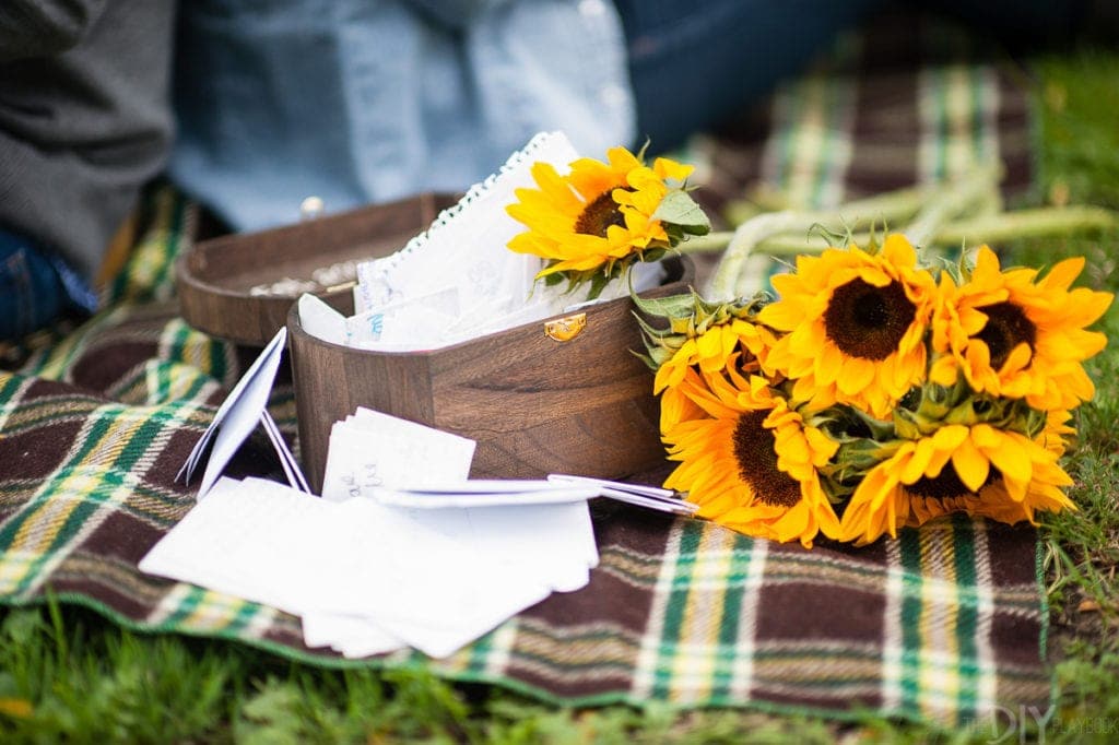 Box of love letters in an engagement photo shoot