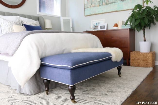 Stylish bench from Lulu and Georgia in the bedroom. 