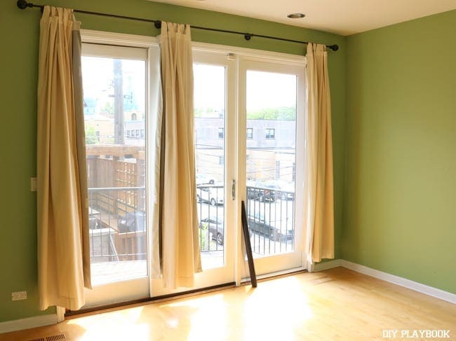 Bedroom curtains and sliding doors before the makeover. 