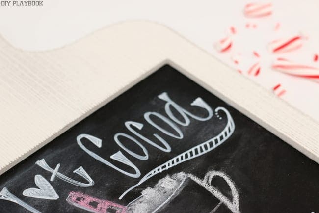 Hanging chalkboard sign with hot cocoa recipe. 