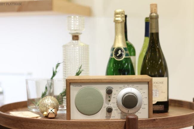 Room and board radio on bar cart