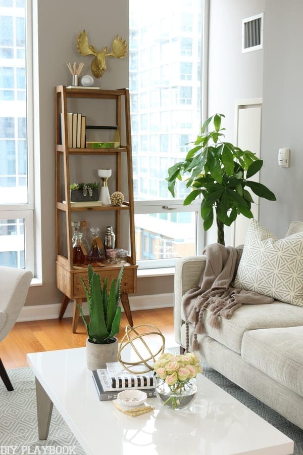 Simple wooden bookshelf with fun accents looks great in this condo redecoration. 