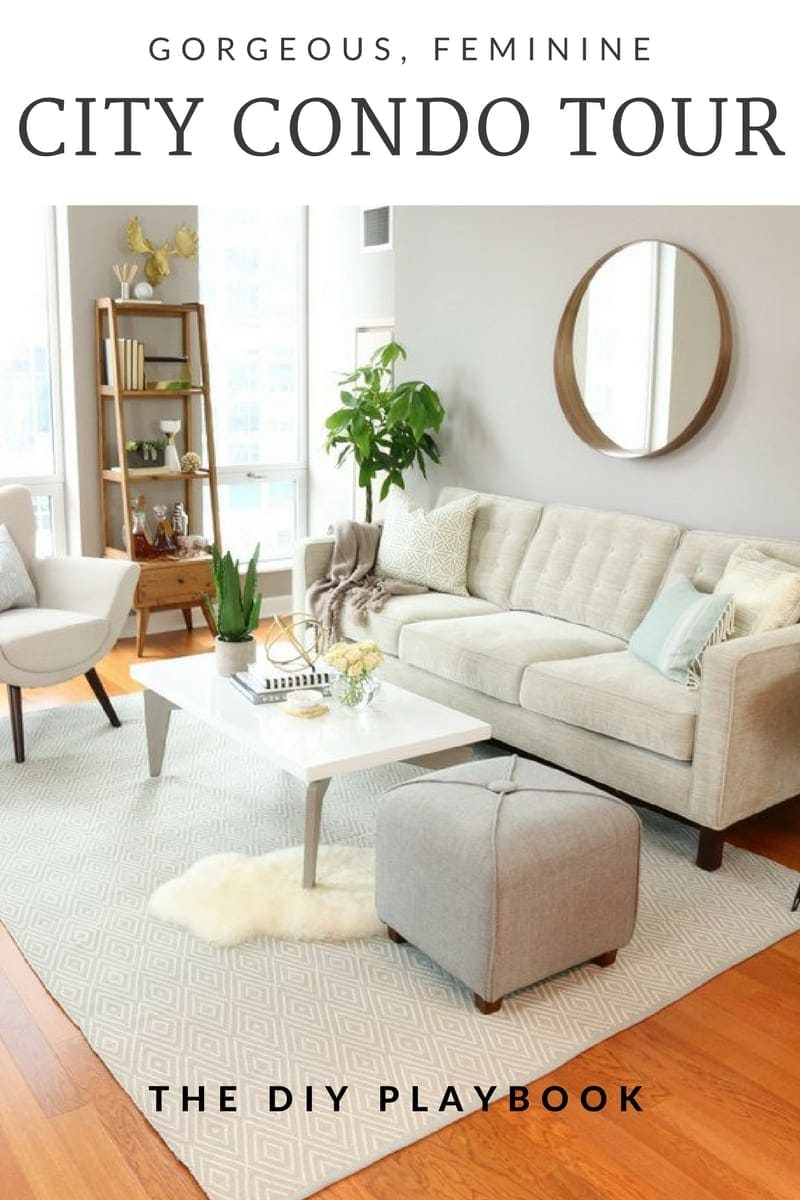 This beautiful living room is just one part of this feminine Chicago condo!