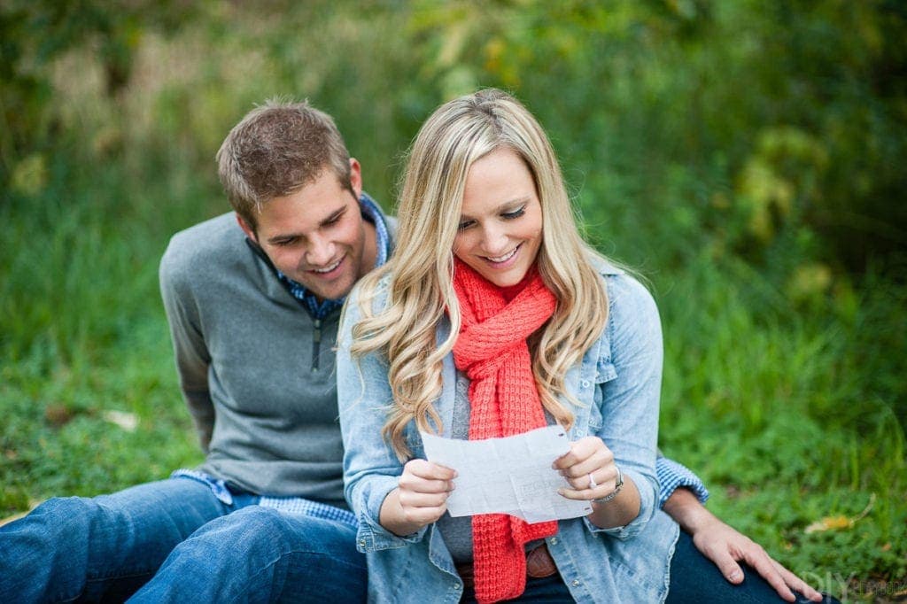 Reading love letters for engagement photos