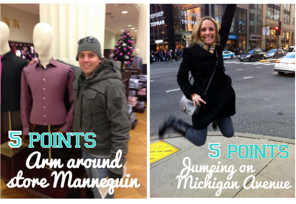 This Christmas photo hunt included taking pics jumping on Michigan Avenue and with a store mannequin.